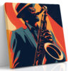 Saxophonist in fedora and suit, bold orange-red and navy vector illustration wall art canvas for living room