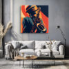 Saxophonist in fedora and suit, bold orange-red and navy vector illustration wall art canvas for living room