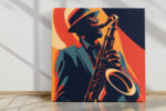 Saxophonist in fedora and suit, bold orange-red and navy vector illustration wall art canvas for living room