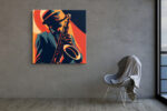 Saxophonist in fedora and suit, bold orange-red and navy vector illustration wall art canvas for living room