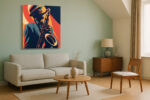 Saxophonist in fedora and suit, bold orange-red and navy vector illustration wall art canvas for living room