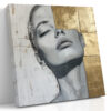 Female portrait in grey linework and warm gold panels, contemporary mixed-media canvas art for living room or home office