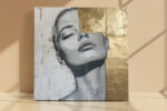Female portrait in grey linework and warm gold panels, contemporary mixed-media canvas art for living room or home office