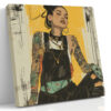 Tattooed woman with sleeve tattoos in golden yellow and near-black, bohemian portrait illustration canvas for living room