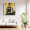 Tattooed woman with sleeve tattoos in golden yellow and near-black, bohemian portrait illustration canvas for living room