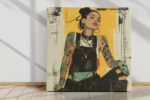 Tattooed woman with sleeve tattoos in golden yellow and near-black, bohemian portrait illustration canvas for living room