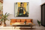 Tattooed woman with sleeve tattoos in golden yellow and near-black, bohemian portrait illustration canvas for living room