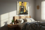 Tattooed woman with sleeve tattoos in golden yellow and near-black, bohemian portrait illustration canvas for living room