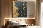 Heavy gold impasto strokes on near-black charcoal, dramatic moody abstract wall art canvas for living room