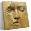 Serene human face emerging from cracked gold surface, warm gold and amber tones, dramatic mixed-media portrait canvas art