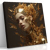 Female figure with gold metallic halo of leaves and butterflies, dark background, bold digital art canvas for living room