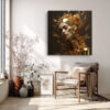 Female figure with gold metallic halo of leaves and butterflies, dark background, bold digital art canvas for living room