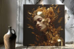 Female figure with gold metallic halo of leaves and butterflies, dark background, bold digital art canvas for living room
