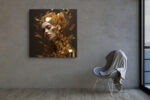 Female figure with gold metallic halo of leaves and butterflies, dark background, bold digital art canvas for living room