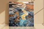 Surreal canyon river in slate grey, burnt orange and teal blue, psychedelic digital art canvas for living room or home office