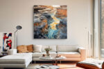 Surreal canyon river in slate grey, burnt orange and teal blue, psychedelic digital art canvas for living room or home office