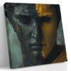 Classical sculptural bust split in charcoal black and golden amber, cracked digital art canvas for living room or home office