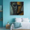 Classical sculptural bust split in charcoal black and golden amber, cracked digital art canvas for living room or home office