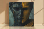 Classical sculptural bust split in charcoal black and golden amber, cracked digital art canvas for living room or home office