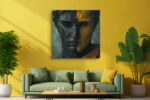 Classical sculptural bust split in charcoal black and golden amber, cracked digital art canvas for living room or home office