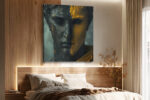 Classical sculptural bust split in charcoal black and golden amber, cracked digital art canvas for living room or home office