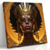 Regal female portrait with gold crown and filigree goggles, dramatic amber halo motif, bold digital art canvas print
