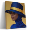 Woman in wide-brim hat with gold band and royal blue head wrap, high-contrast fashion portrait canvas for living room