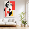Woman's face fragmented by vivid red and black geometric shapes, Bauhaus constructivist portrait canvas for living room