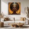 Regal female portrait with gold crown and filigree goggles, dramatic amber halo motif, bold digital art canvas print