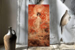 Robed female figure with dragon and glowing orb in vermilion red, East Asian fantasy illustration portrait wall art