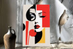 Woman's face fragmented by vivid red and black geometric shapes, Bauhaus constructivist portrait canvas for living room