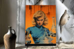 Retro sci-fi illustration of a woman with laboratory flasks in vivid orange and teal, portrait canvas wall art