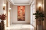 Robed female figure with dragon and glowing orb in vermilion red, East Asian fantasy illustration portrait wall art