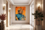 Retro sci-fi illustration of a woman with laboratory flasks in vivid orange and teal, portrait canvas wall art