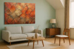 Cracked earth polygon texture in burnt orange and rust tones, bold abstract canvas print for living room or home office