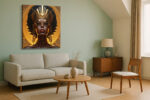 Regal female portrait with gold crown and filigree goggles, dramatic amber halo motif, bold digital art canvas print