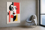 Woman's face fragmented by vivid red and black geometric shapes, Bauhaus constructivist portrait canvas for living room