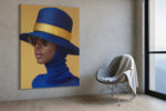 Woman in wide-brim hat with gold band and royal blue head wrap, high-contrast fashion portrait canvas for living room