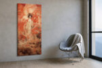 Robed female figure with dragon and glowing orb in vermilion red, East Asian fantasy illustration portrait wall art