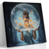 Woman holding a glass sphere with shattering face and amber butterflies, surreal oil painting canvas for living room