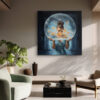 Woman holding a glass sphere with shattering face and amber butterflies, surreal oil painting canvas for living room