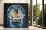 Woman holding a glass sphere with shattering face and amber butterflies, surreal oil painting canvas for living room