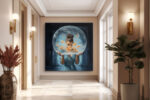 Woman holding a glass sphere with shattering face and amber butterflies, surreal oil painting canvas for living room