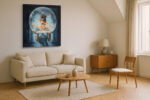 Woman holding a glass sphere with shattering face and amber butterflies, surreal oil painting canvas for living room