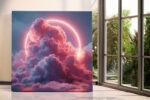 Neon ring glowing behind cumulus clouds in coral pink and slate blue, surreal digital art square canvas for living room