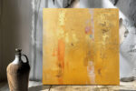 Abstract impasto oil painting in golden yellow and warm amber vertical blocks, bold wall art canvas for living room