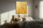 Abstract impasto oil painting in golden yellow and warm amber vertical blocks, bold wall art canvas for living room