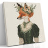 Victorian fox in floral crown and lace dress, dark forest green and burnt orange illustration canvas for bohemian bedroom