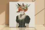 Victorian fox in floral crown and lace dress, dark forest green and burnt orange illustration canvas for bohemian bedroom