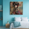 Female figure in ornate kimono with crimson tassels and Asian script collage, romantic mixed-media square canvas print